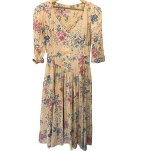 Expo Floral Midi Dress Womens 14‎ Yellow Cotton Vintage 90s Cottagecore Made USA